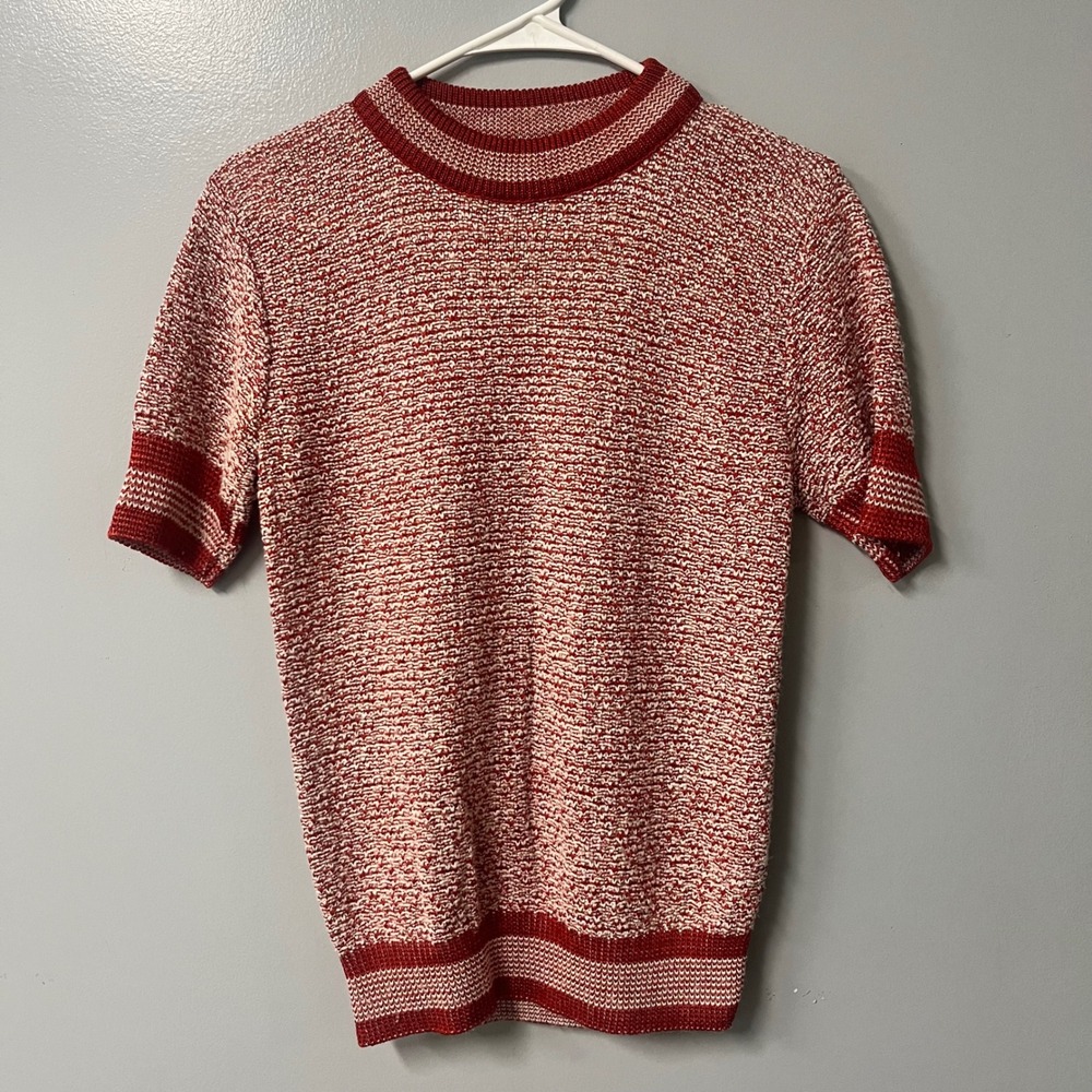 Vintage Red White Marl Knit Short Sleeve Sweater Crew Neck Striped Trim Top